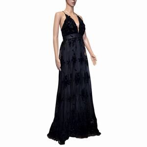 Windsor Black Velvet Burnout Mesh Maxi Dress Women’s Small Long Formal Gown NWT